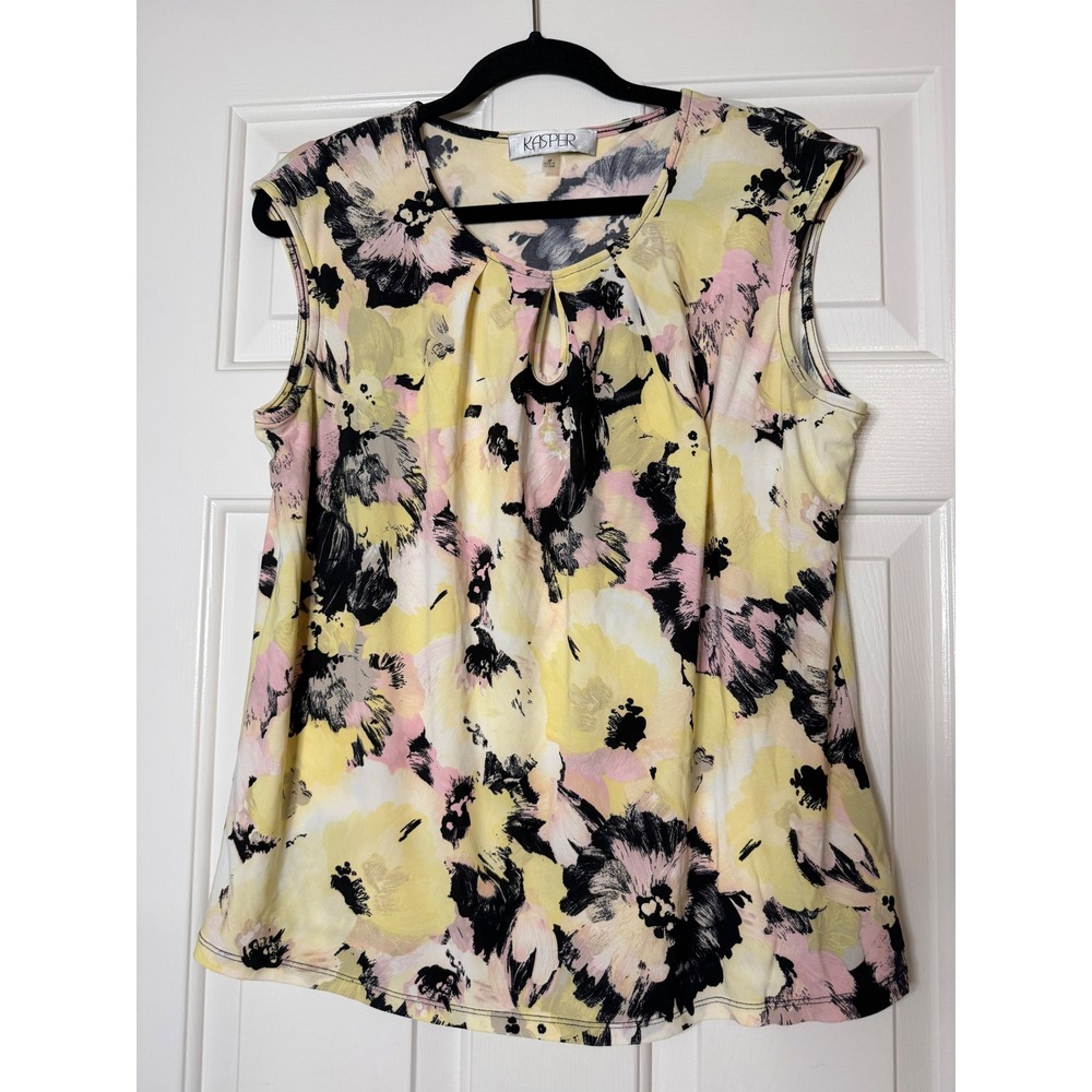 Kasper Womens Floral Keyhole Sleeveless Blouse Yellow Pink Black Size M